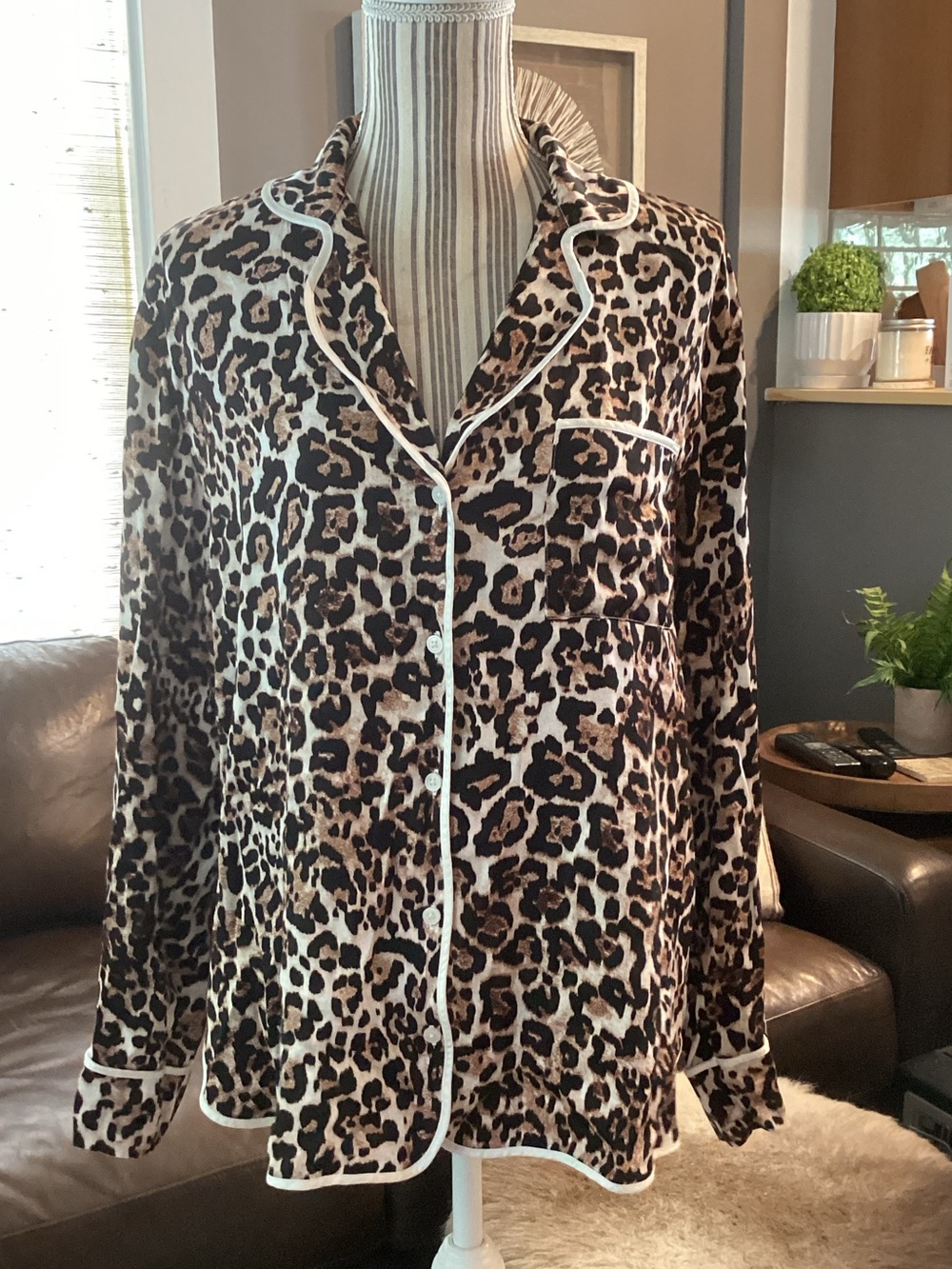 aerie Leopard-Print Button Pajama Top in Black and Brown